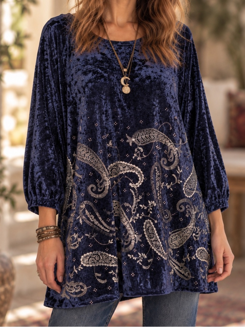 Vintage 90’s L Navy Blue Crushed Velvet Paisley Tunic Top Whimsigoth Boho